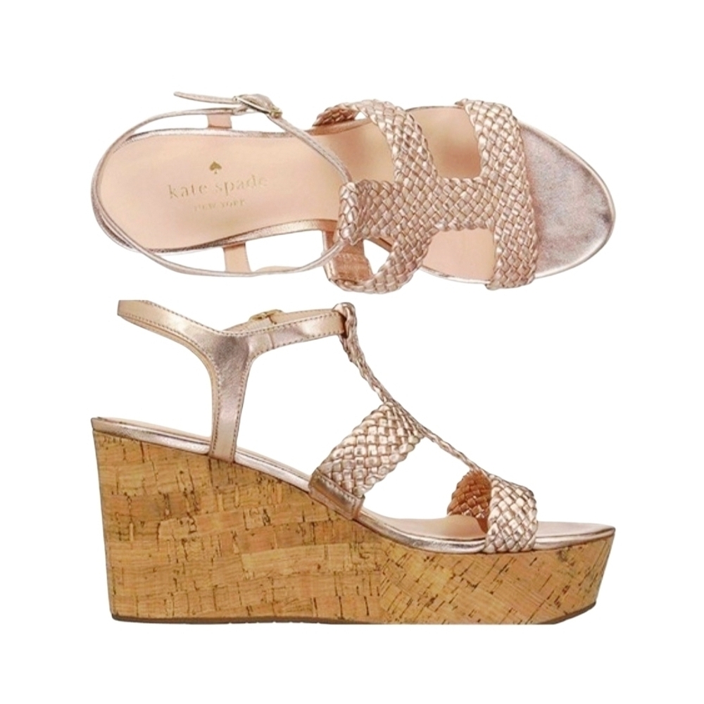 KATE SPADE ROSE HOLD METALLIC BRAIDED WEDGE SANDALS SZ 9